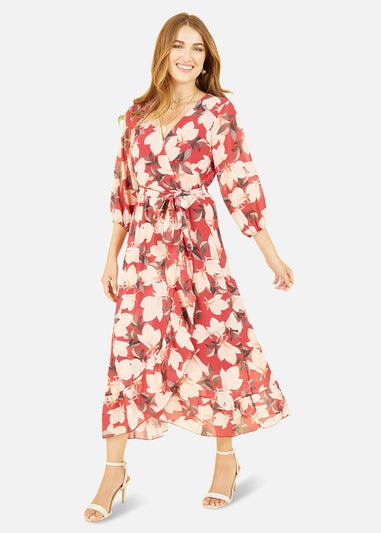 Yumi Red Blossom Wrap Midi Dress With 3/4 Sleeves