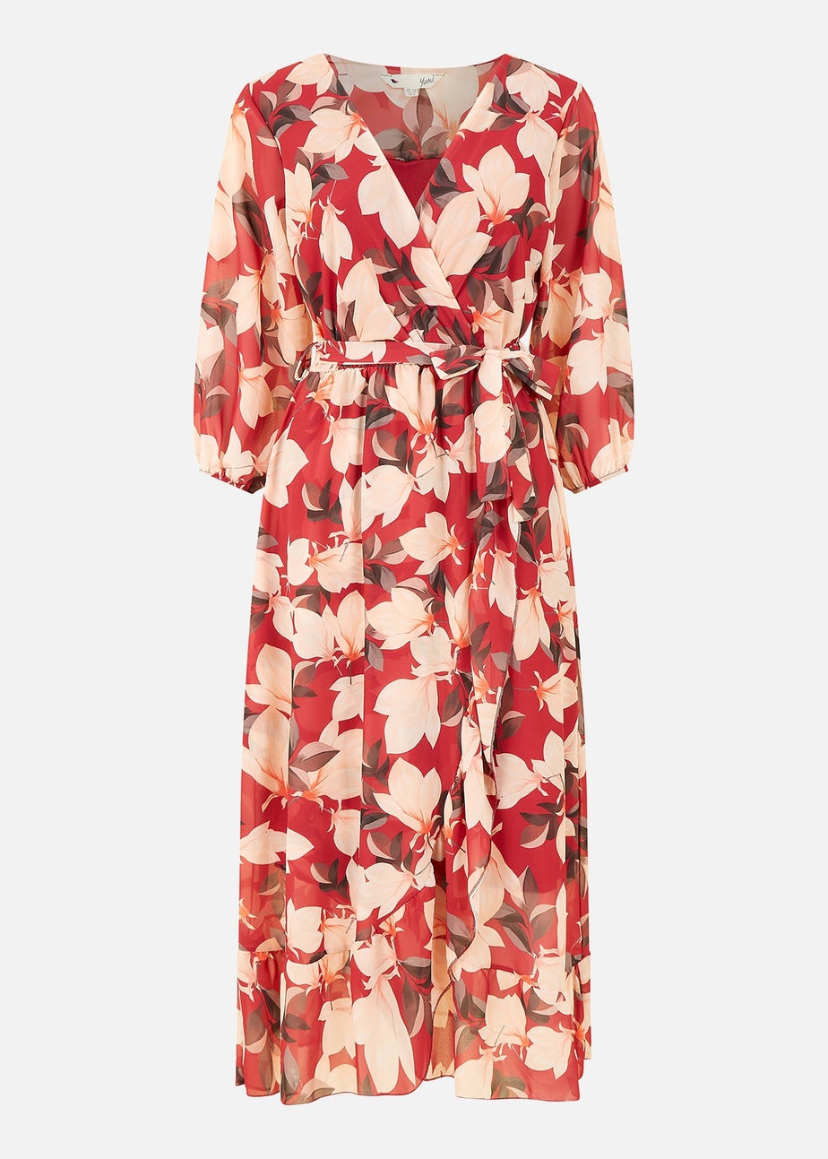 Yumi Red Blossom Wrap Midi Dress With 3/4 Sleeves