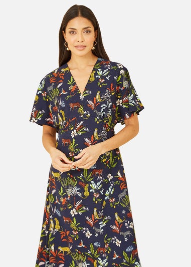 Yumi Navy Animal Kingdom Print Midi Dress