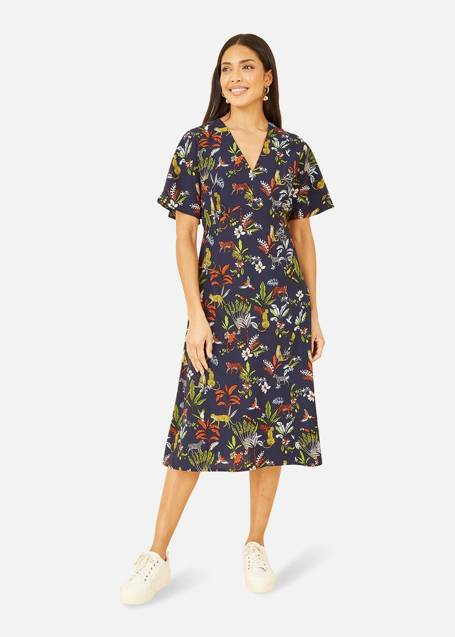 Yumi Navy Animal Kingdom Print Midi Dress