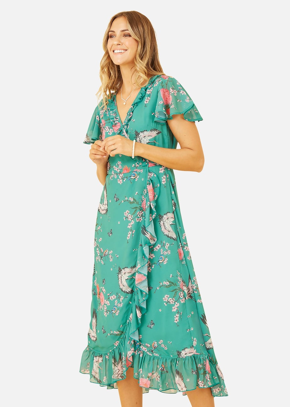 Yumi Green Satin Crane Print Wrap Dress
