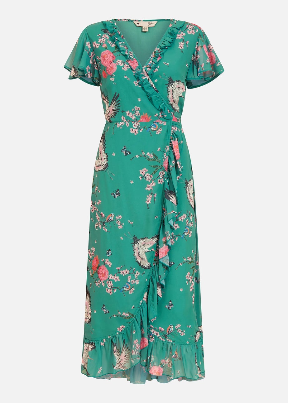 Yumi Green Satin Crane Print Wrap Dress