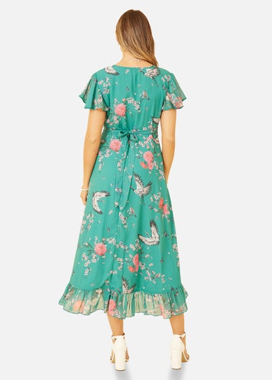 Yumi Green Satin Crane Print Wrap Dress