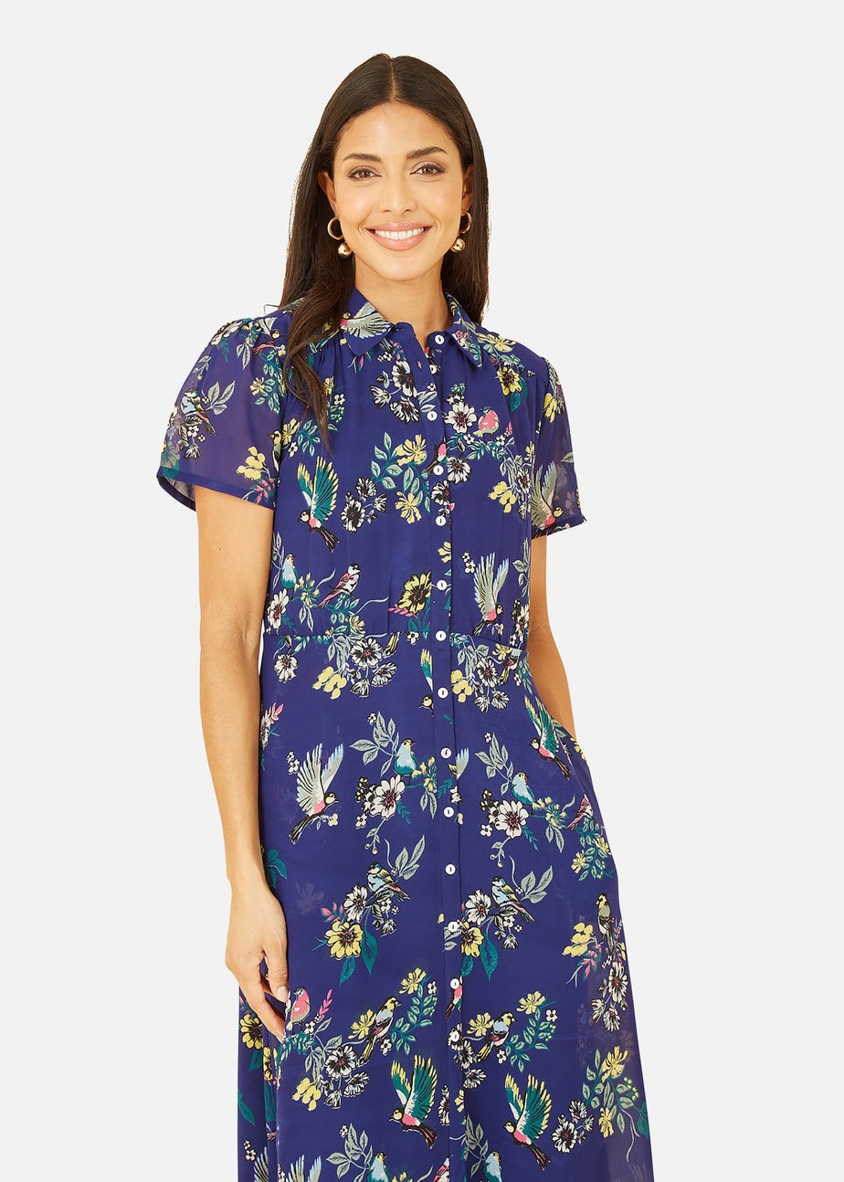 Yumi Navy Recycled Bird Print Midi Shirt Dress