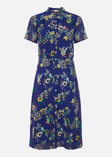 Yumi Navy Recycled Bird Print Midi Shirt Dress