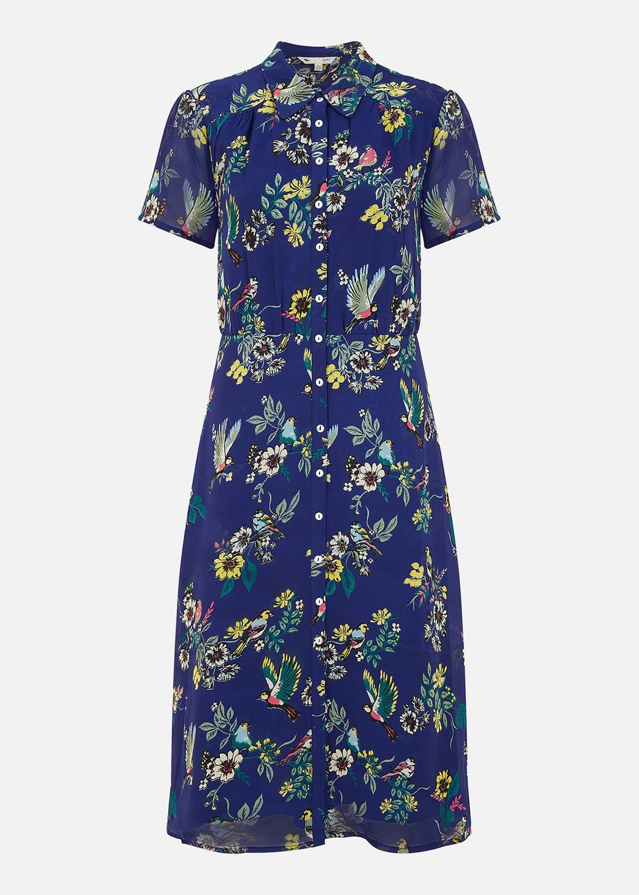 Yumi Navy Recycled Bird Print Midi Shirt Dress