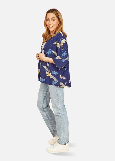 Yumi Blue Crane Print Kimono