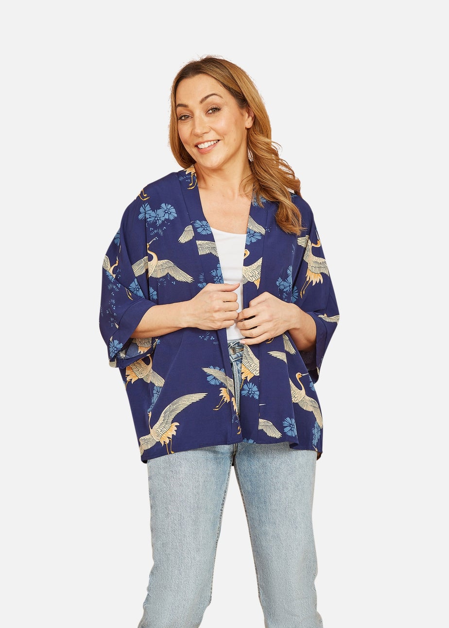 Yumi Blue Crane Print Kimono