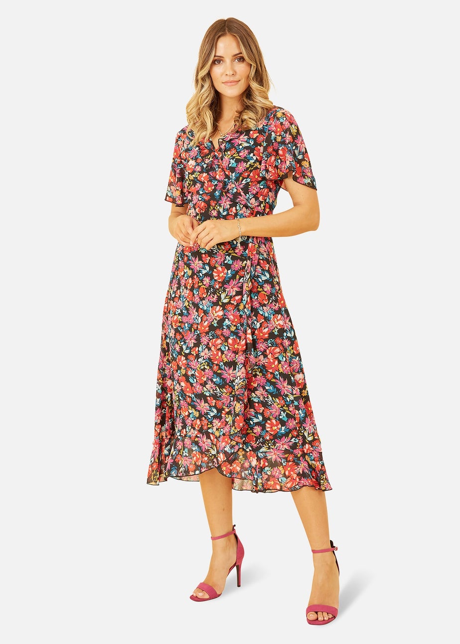 Yumi Black Floral Wrap Midi Dress