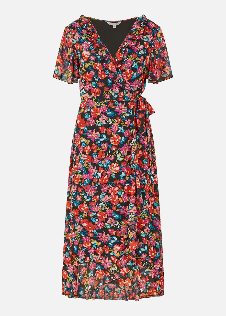 Yumi Black Floral Wrap Midi Dress