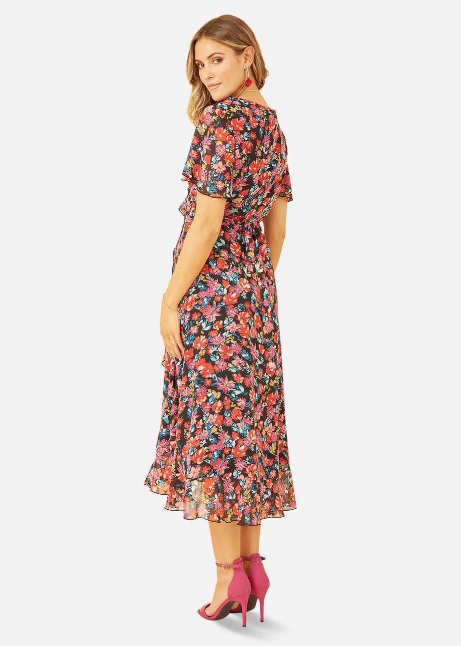 Yumi Black Floral Wrap Midi Dress