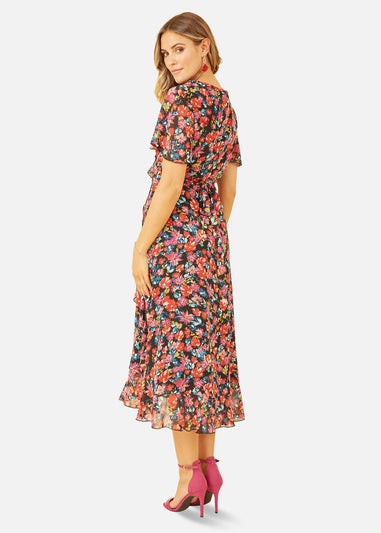 Yumi Black Floral Wrap Midi Dress