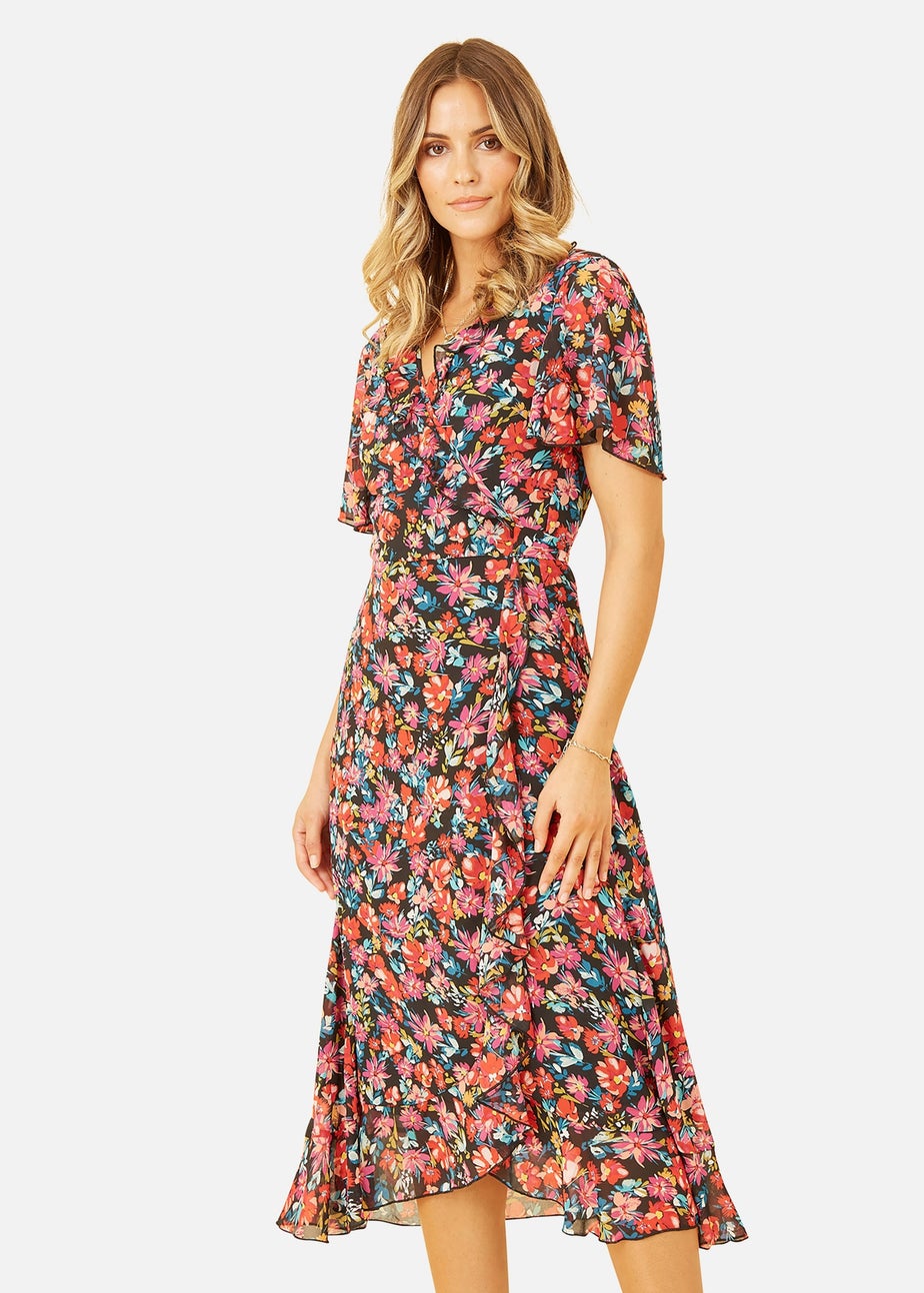 Yumi Black Floral Wrap Midi Dress