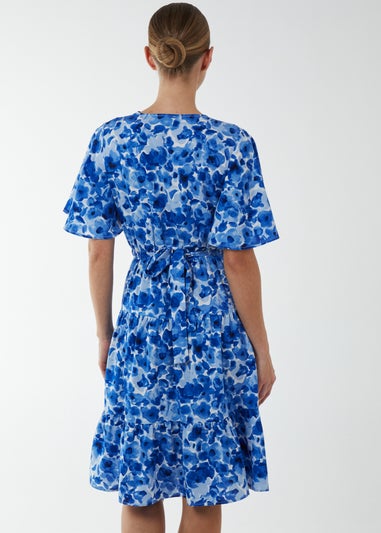 Blue Vanilla Blue Wrap Front Tier Hem Angel Sleeve Dress