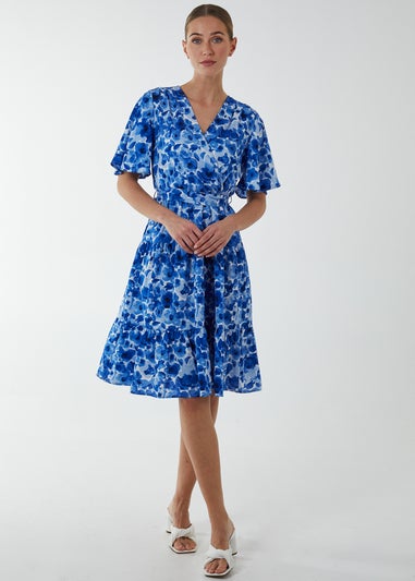 Blue Vanilla Blue Wrap Front Tier Hem Angel Sleeve Dress
