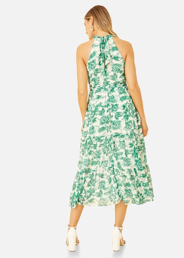 Yumi Green Leaf Print Halter Neck Midi Dress