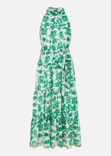 Yumi Green Leaf Print Halter Neck Midi Dress