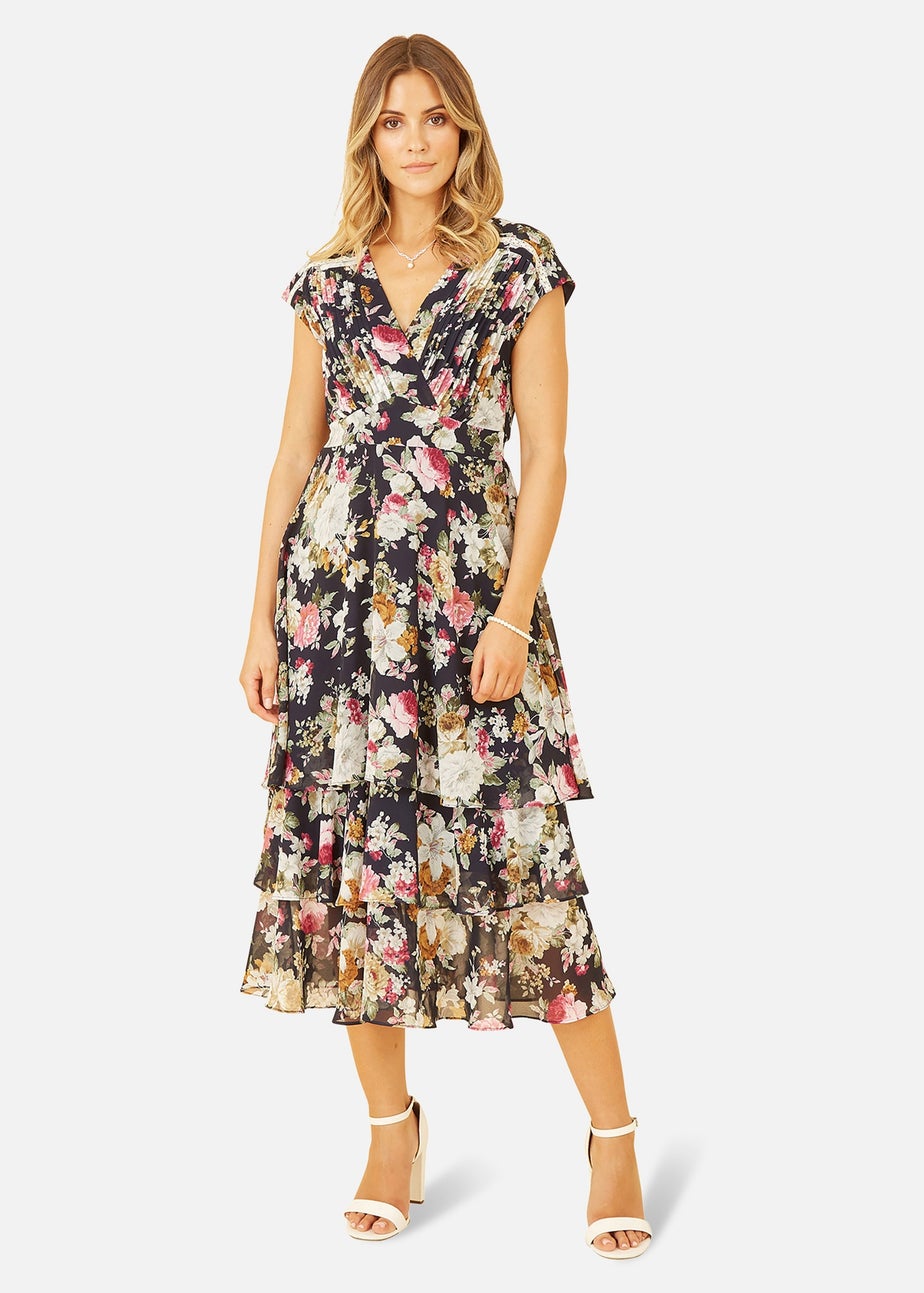 Yumi Navy Floral Tiered Midi Dress