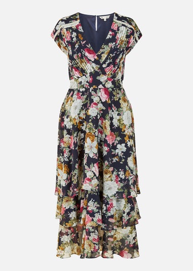 Yumi Navy Floral Tiered Midi Dress