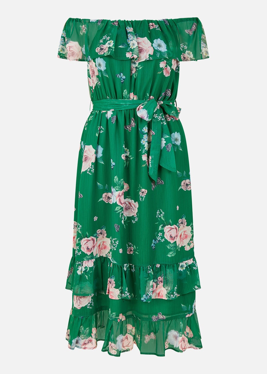 Yumi Green Floral Bardot Midi Dress With Frill Hem