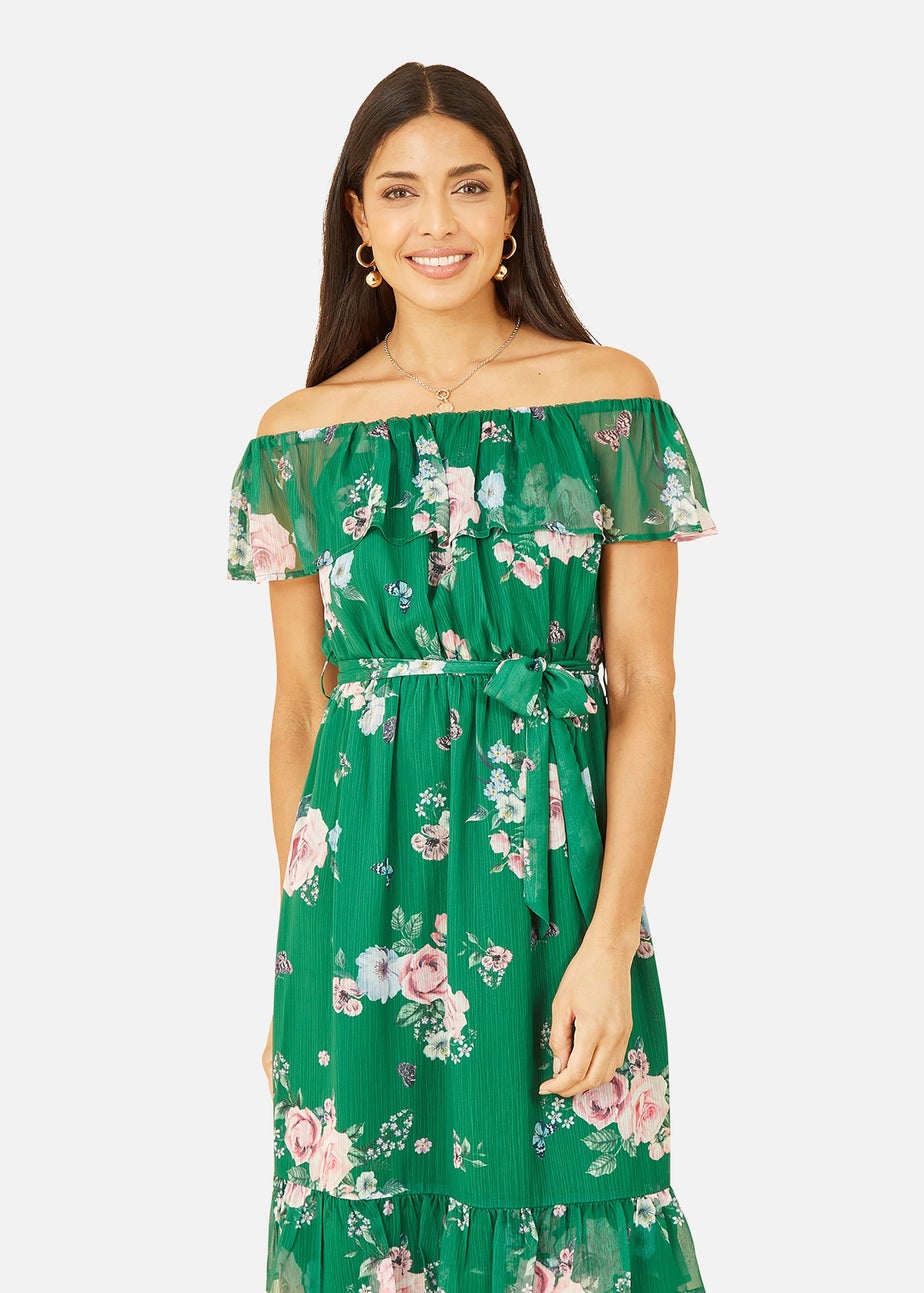 Yumi Green Floral Bardot Midi Dress With Frill Hem