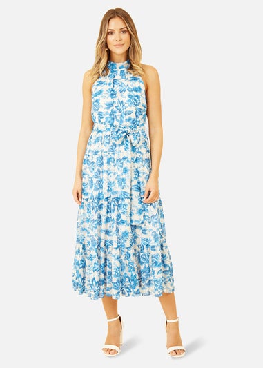 Yumi Blue Leaf Print Halter Neck Midi Dress