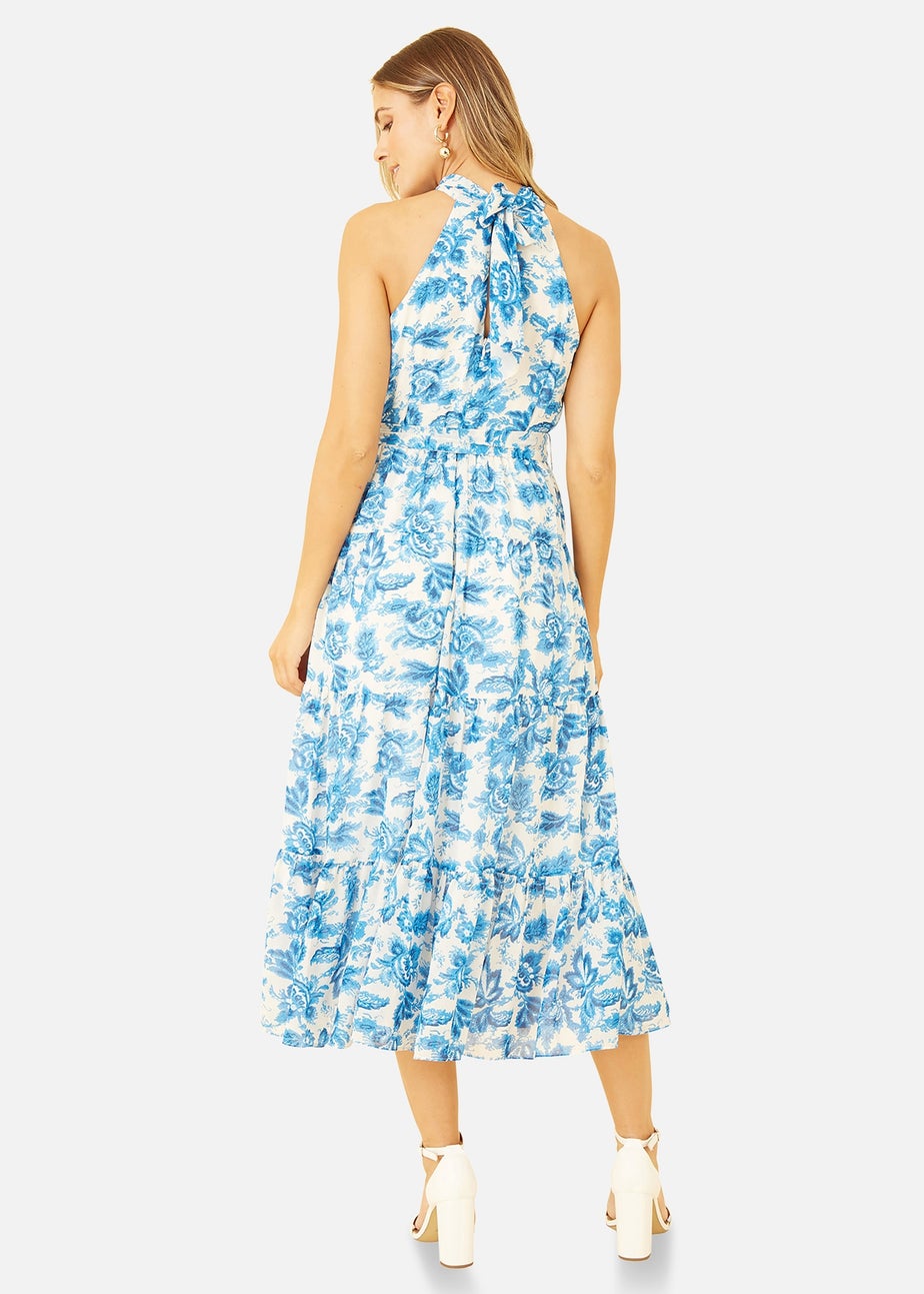 Yumi Blue Leaf Print Halter Neck Midi Dress