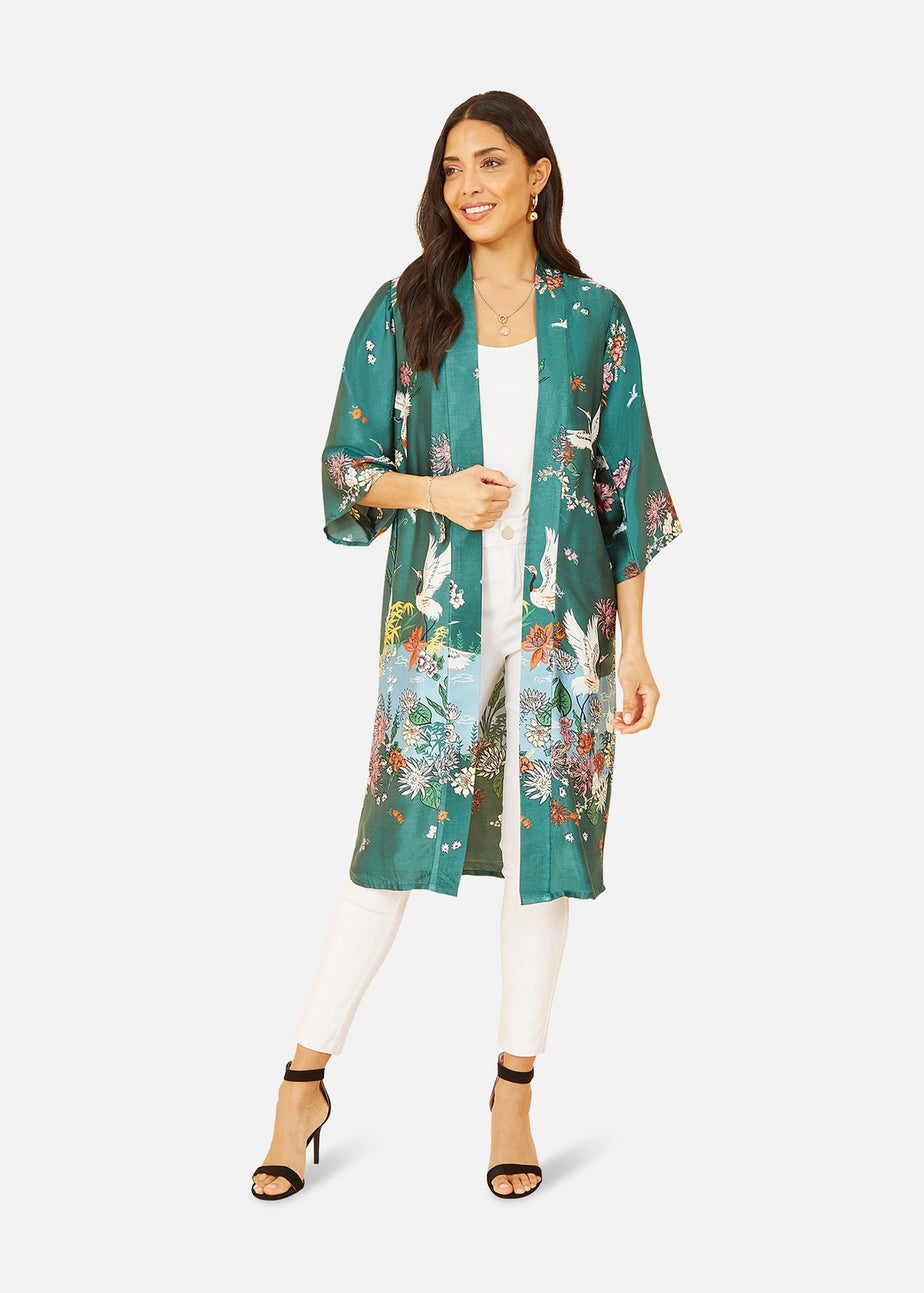 Yumi Green Satin Crane Border Kimono