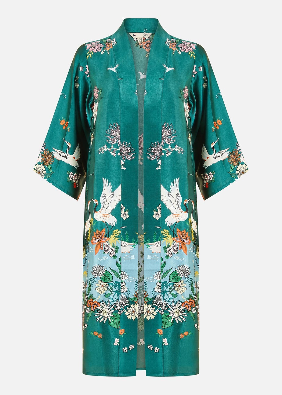 Yumi Green Satin Crane Border Kimono