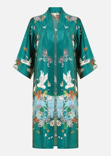 Yumi Green Satin Crane Border Kimono