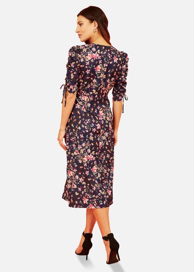 Yumi Navy Animal Floral Print Ruched Sleeve Midi Dress