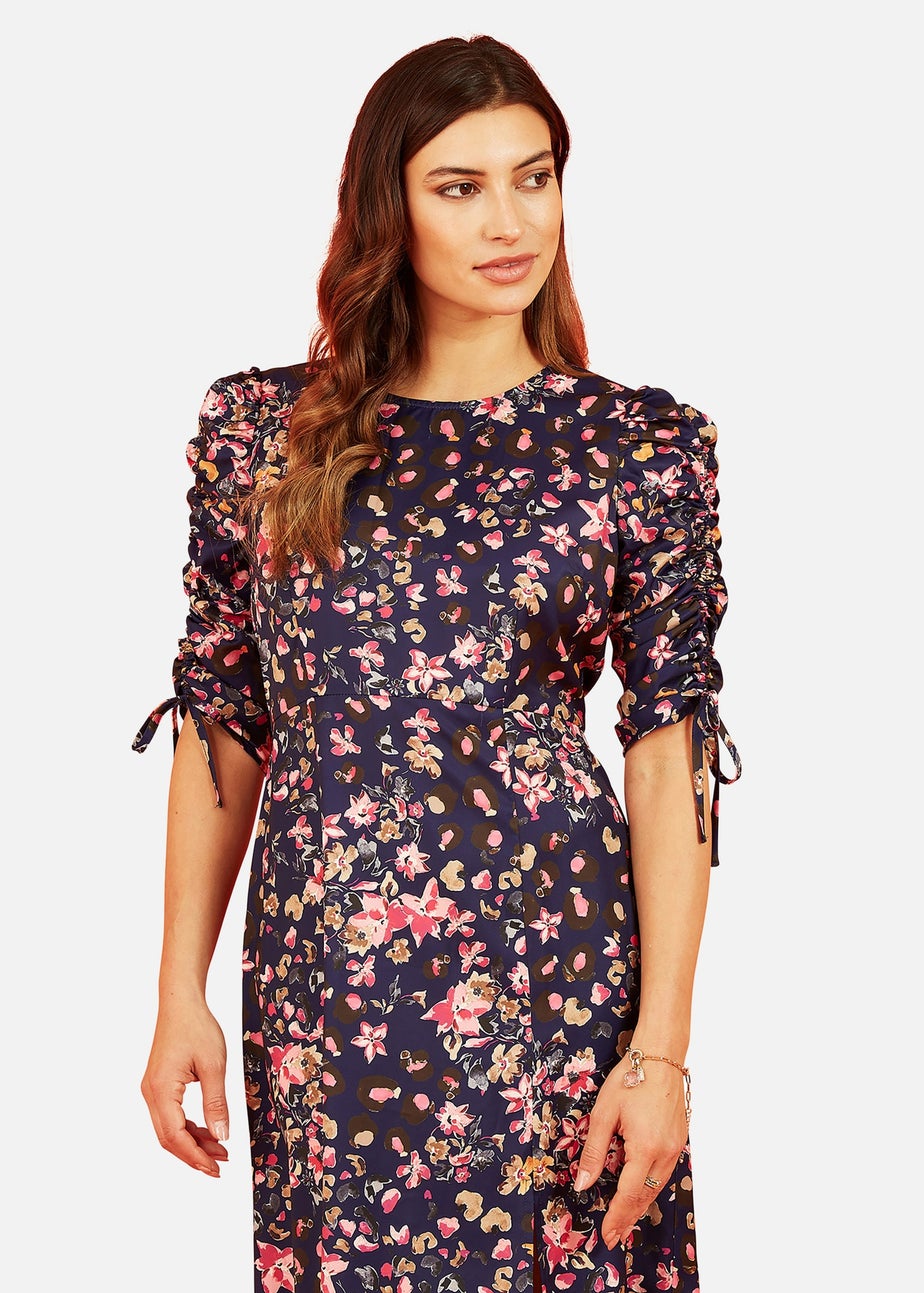 Yumi Navy Animal Floral Print Ruched Sleeve Midi Dress