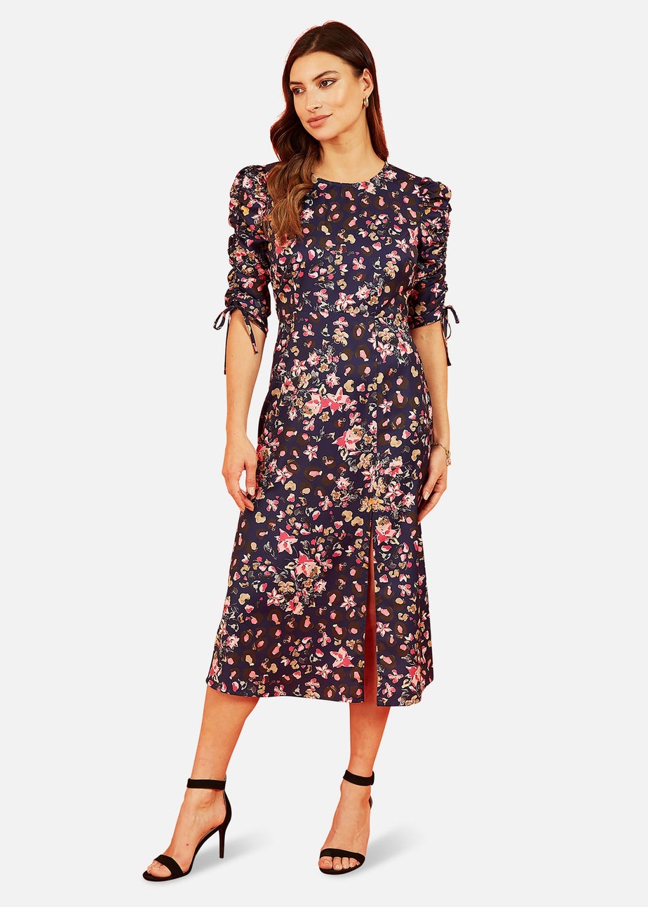 Yumi Navy Animal Floral Print Ruched Sleeve Midi Dress