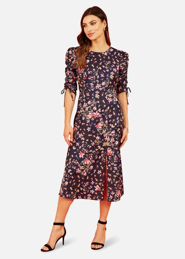 Yumi Navy Animal Floral Print Ruched Sleeve Midi Dress