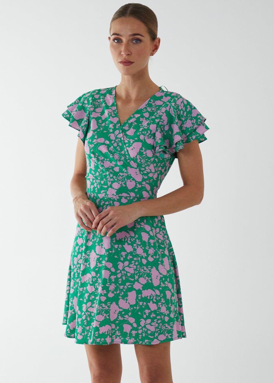 Blue Vanilla Green Wrap Ruffle Mini Dress