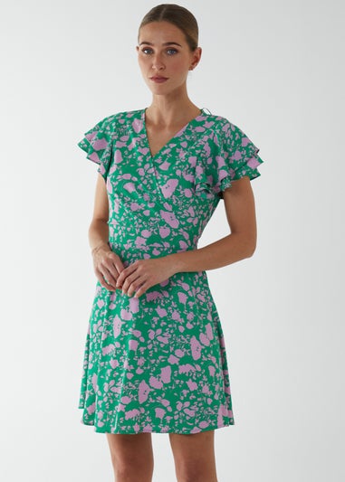 Blue Vanilla Green Wrap Ruffle Mini Dress