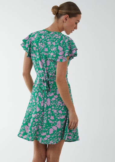 Blue Vanilla Green Wrap Ruffle Mini Dress