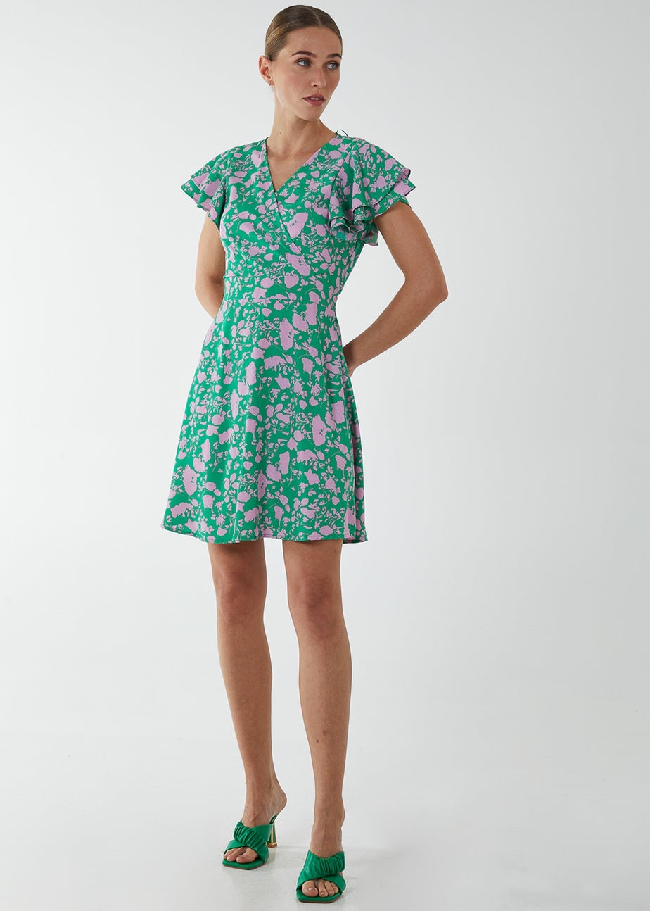 Blue Vanilla Green Wrap Ruffle Mini Dress