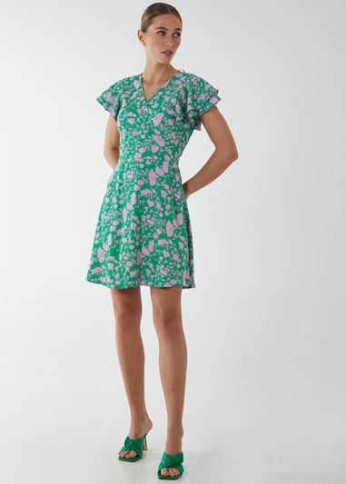 Blue Vanilla Green Wrap Ruffle Mini Dress