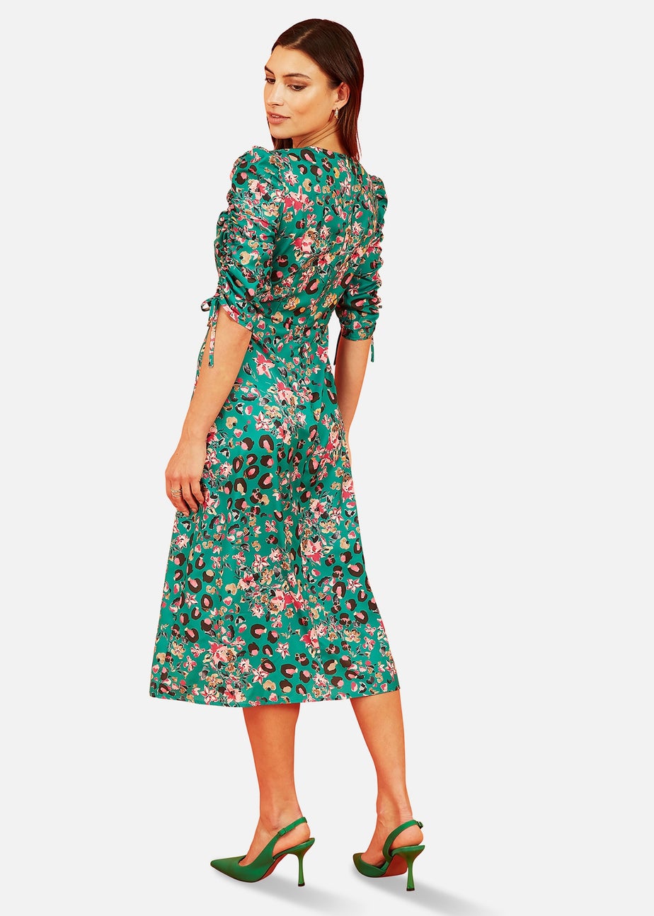 Yumi Green Animal Floral Print Ruched Sleeve Midi Dress