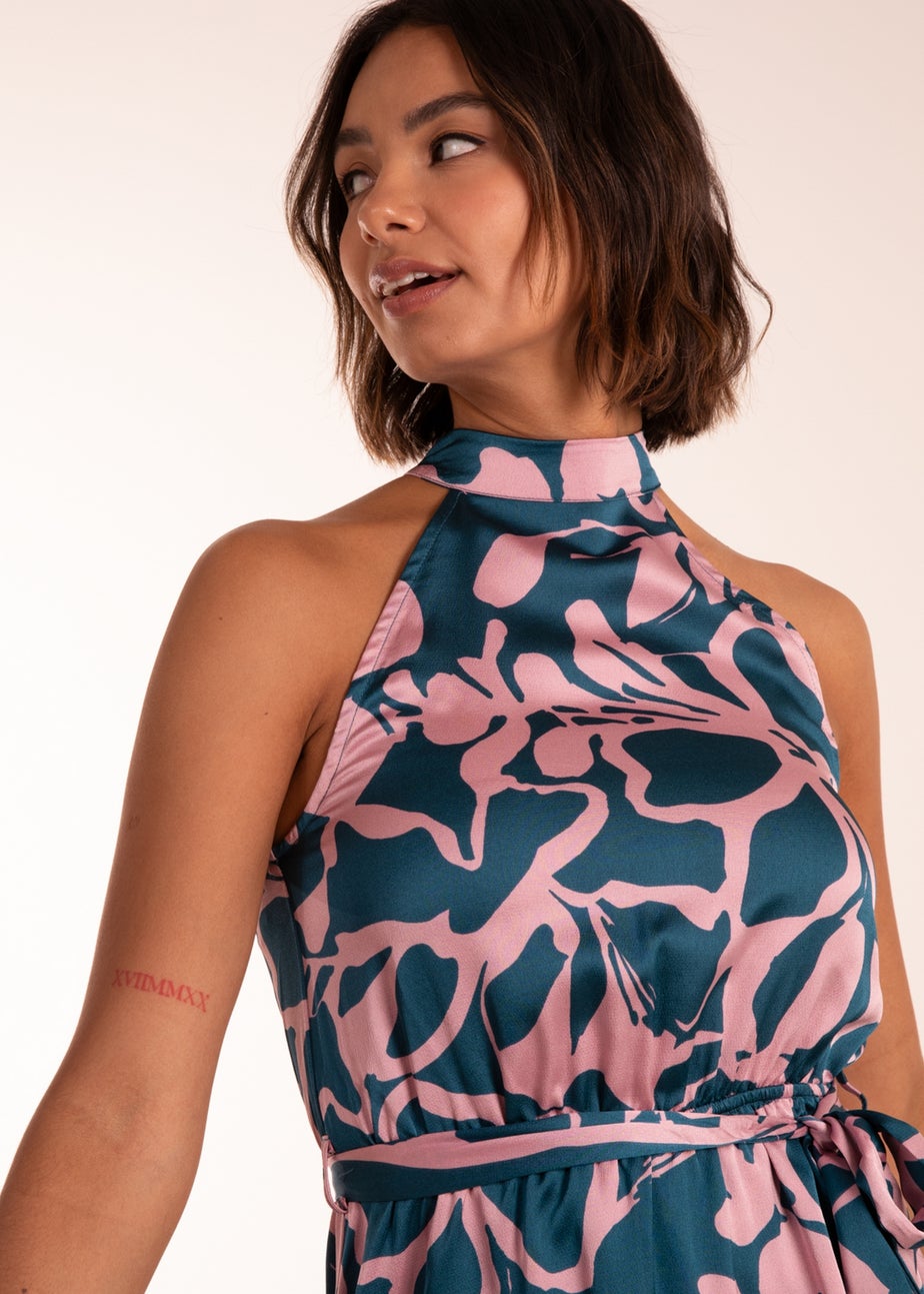 Blue Vanilla Blue Abstract Print Halter Neck Midi Wrap Dress