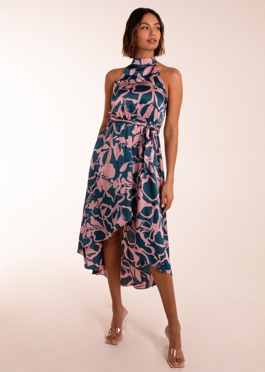 Blue Vanilla Blue Abstract Print Halter Neck Midi Wrap Dress