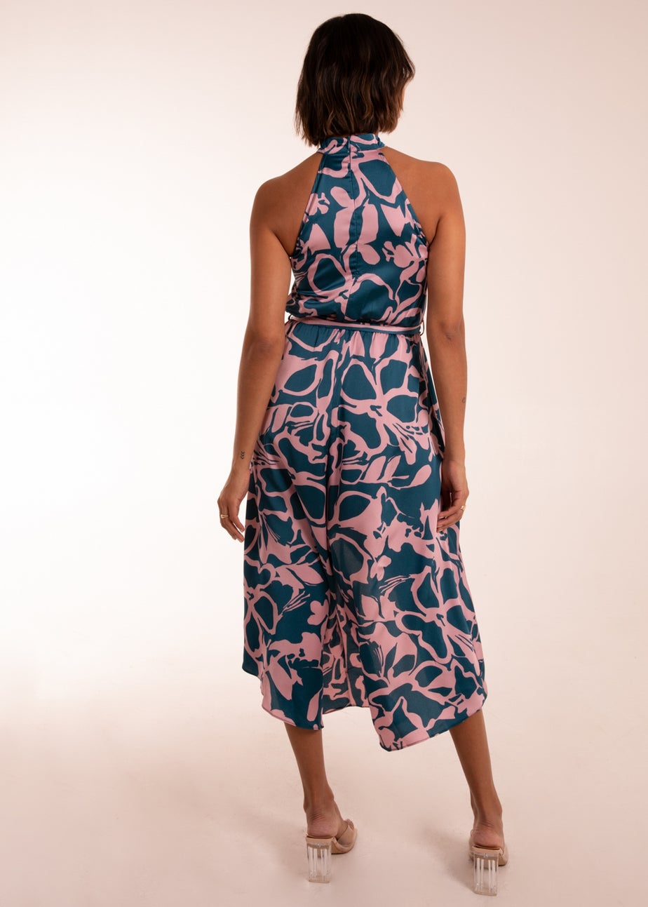 Blue Vanilla Blue Abstract Print Halter Neck Midi Wrap Dress