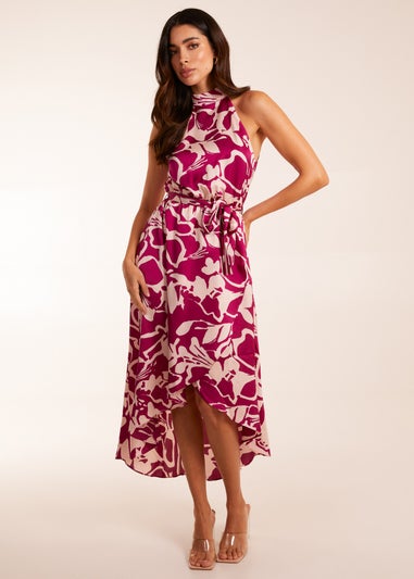 Blue Vanilla Pink Abstract Print Halter Neck Midi Wrap Dress