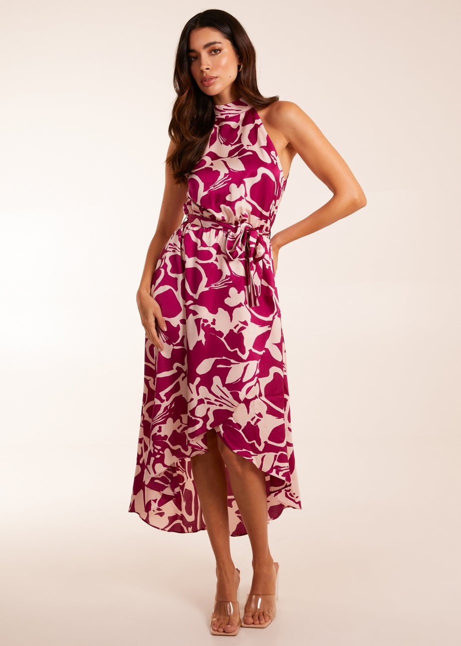 Blue Vanilla Pink Abstract Print Halter Neck Midi Wrap Dress