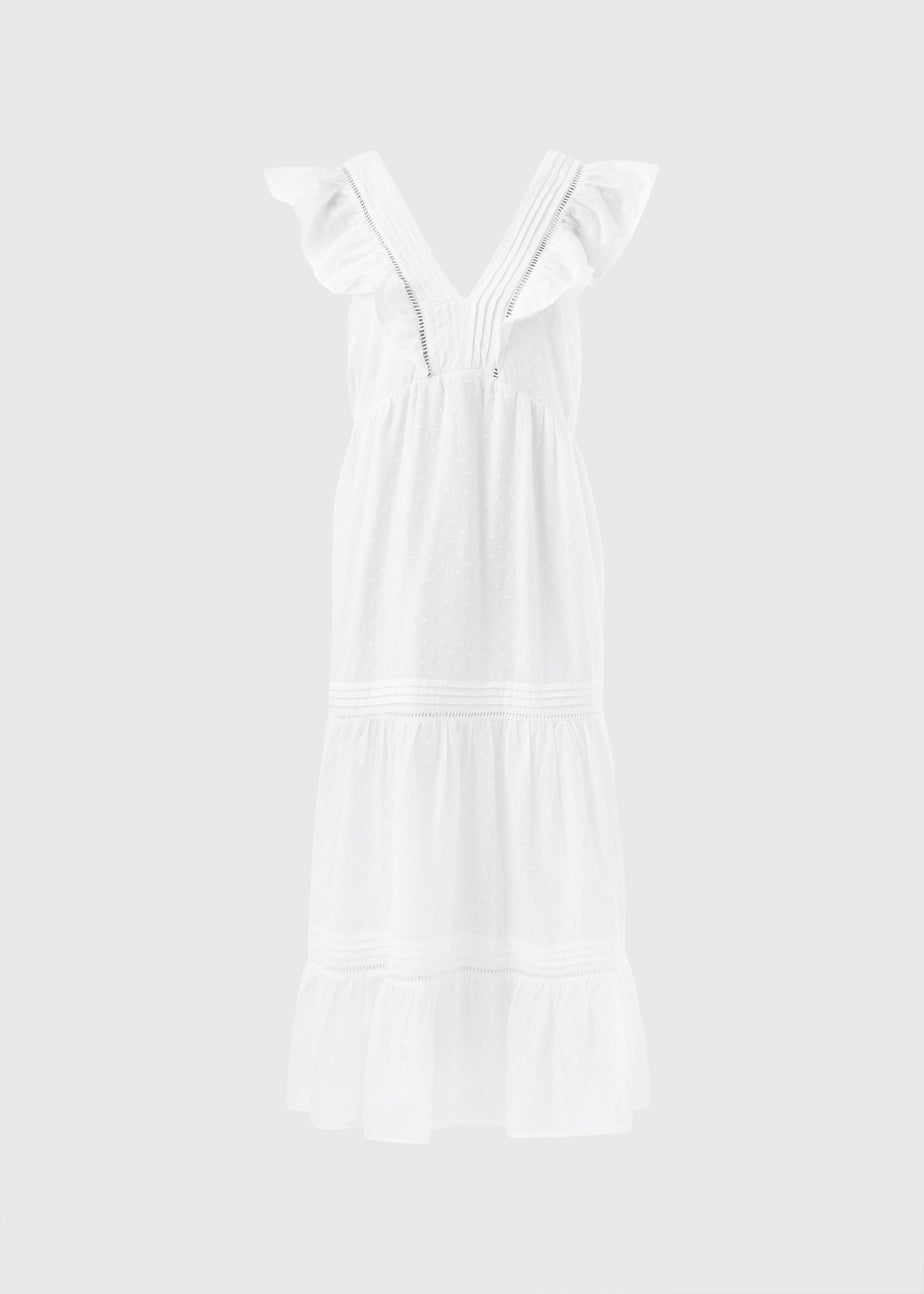 White Spot V-Neck Frill Midi Dress