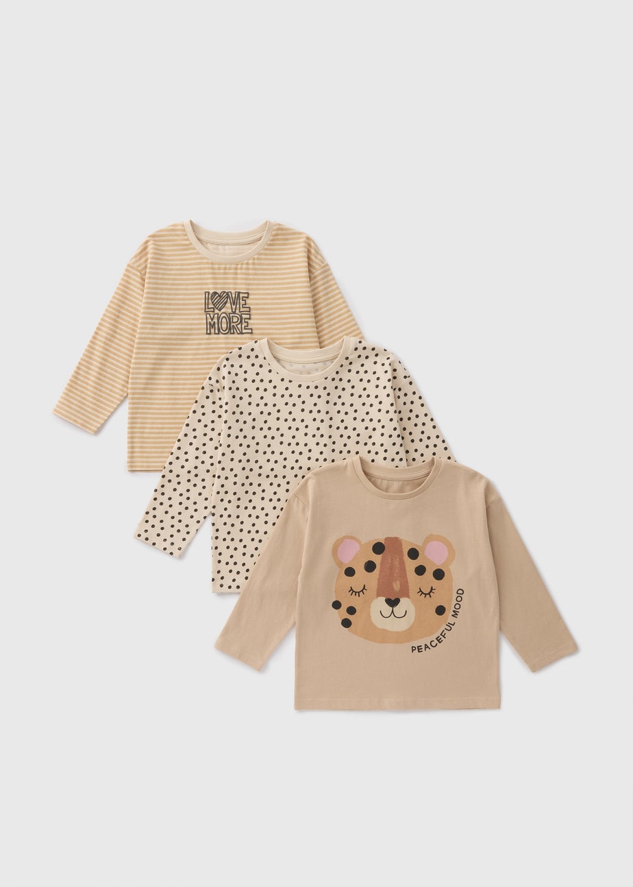 3 Pack Girls Beige Leopard T-Shirts (1-7yrs)