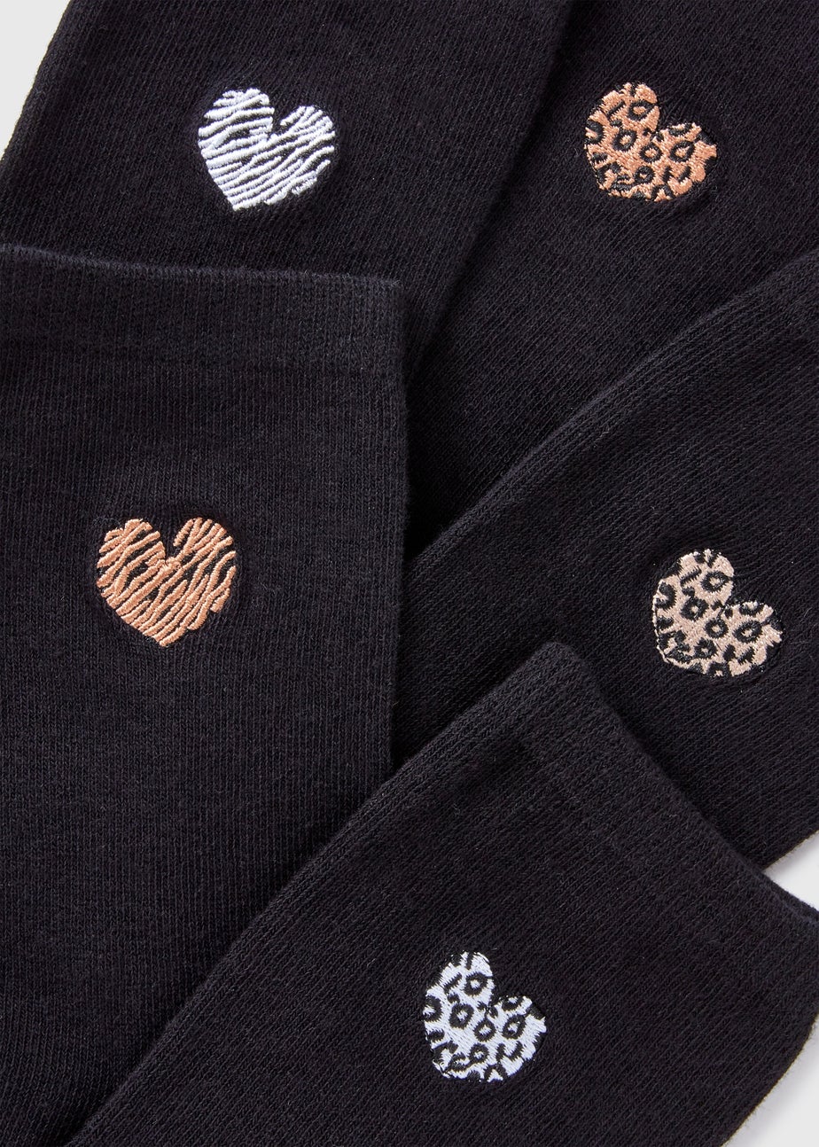5 Pack Black Heart Embroidered Crew Socks