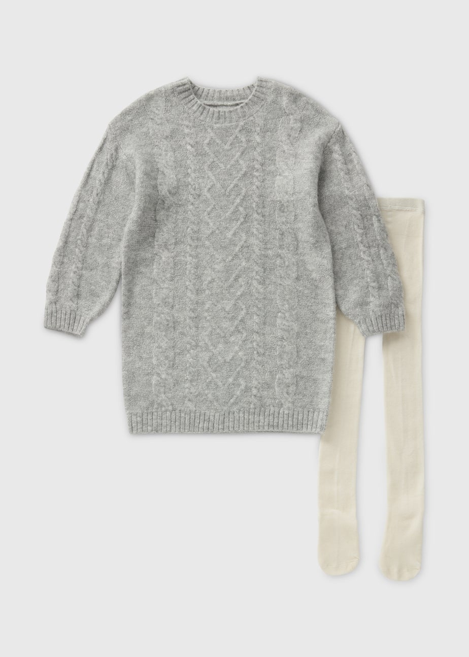 Girls Grey Cable Knit Dress & Tights Set (1-7yrs)