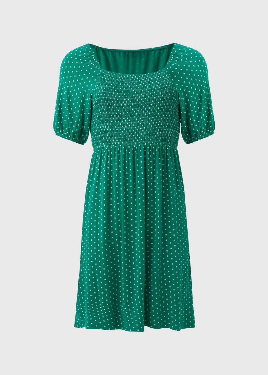 Green Square Neck Shirred Mini Dress